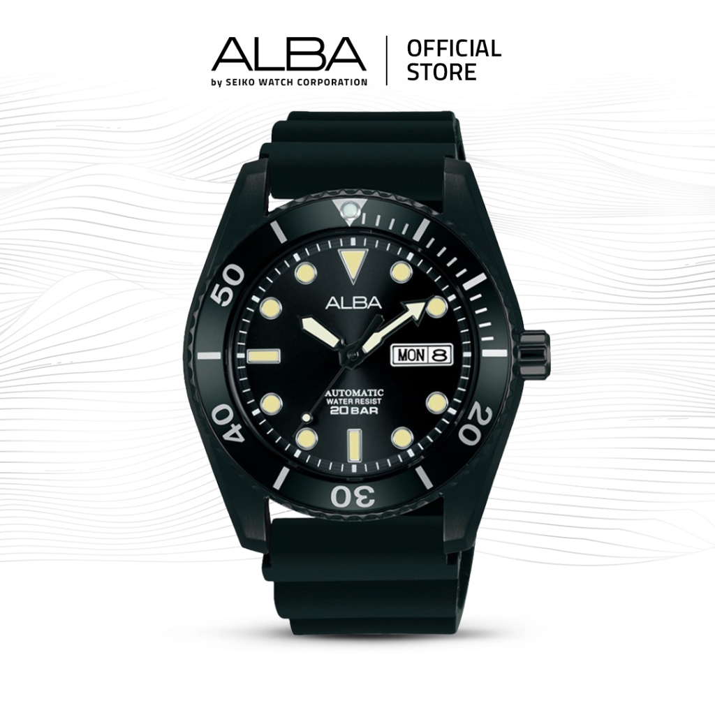 Alba Mechanical Jam Tangan Pria AL4297 / AL4297X1 Automatic Black Dial Rubber Strap Watch