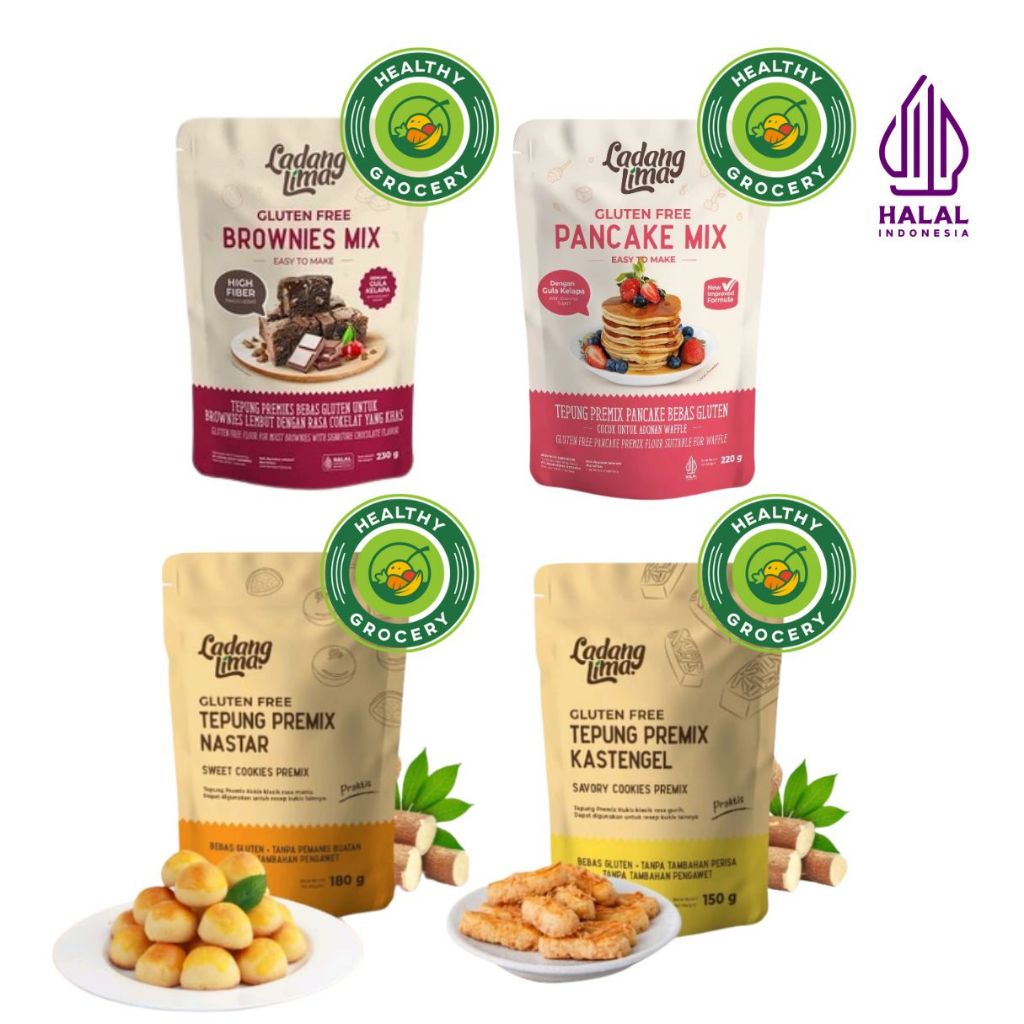 

Ladang Lima Tepung Premix Kastangel / Nastar Gluten Free 150gr / Pancake Mix 220gr / Brownies Mix 230gr