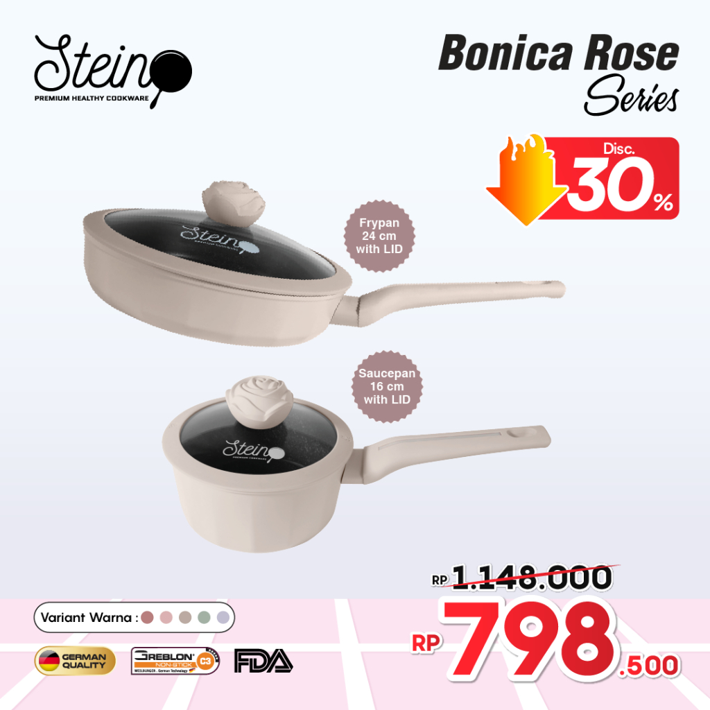STEIN Bonica Rose Set | 2 IN 1 Panci Set | Frypan 24cm + Saucepan 16cm Anti-Lengket