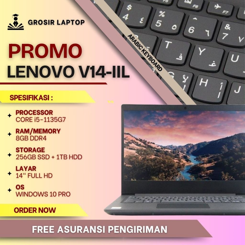 Laptop Terbaru Lenovo V14-IIL Core i5-1035G1 Ram 8Gb Ssd 256Gb + Hdd 1Tb 14" Full Hd Windows 10 Orig