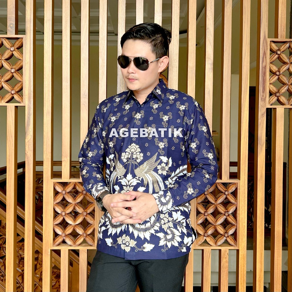 AGEBATIK AGE019  - Kemeja Batik Pria - Lengan Panjang Pendek - Slim Fit - Motif Merak Bunga - Katun 
