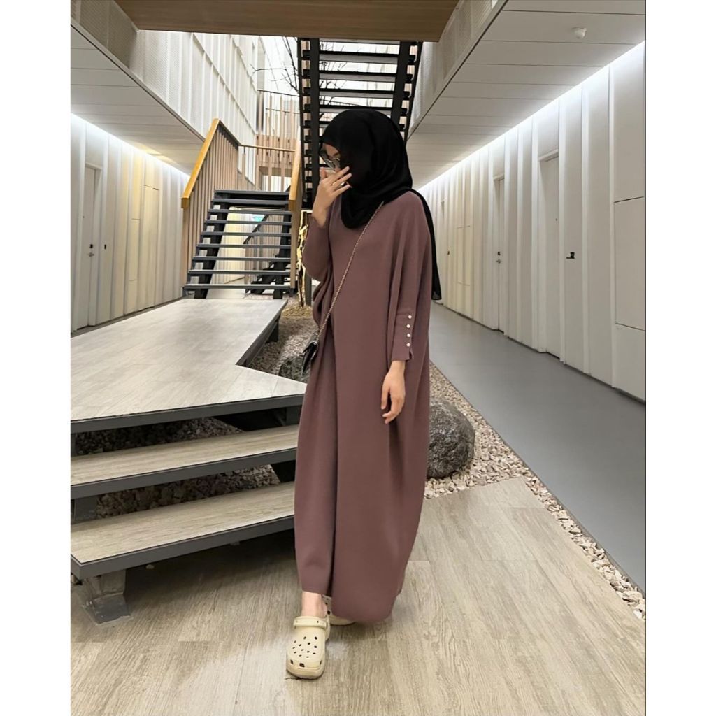 Hawa Muslimah Batwing Gamis Lebaran 2025 Model Knit Plisket Abaya Terbaru Remaja Dewasa Korean Style