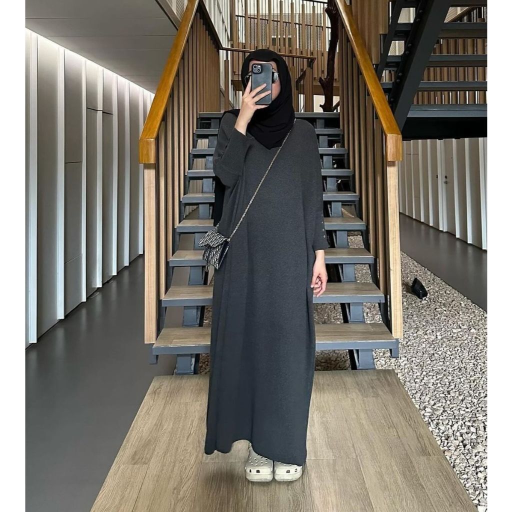 Ifeoma Gamis Remaja Abaya Muslimah Batwing Plisket Knit Dress Polos Lebaran Wanita Premium