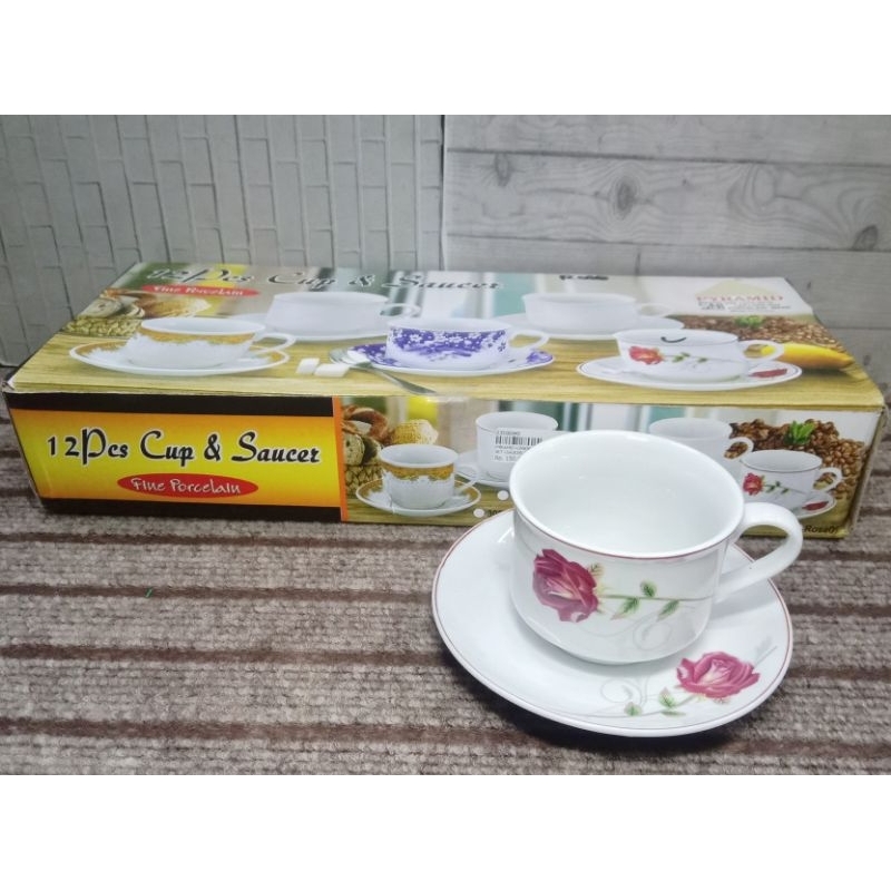 GELAS KERAMIK SET PYRAMID + SAUCER ROSE / CANGKIR KERAMIK + TATAKAN MOTIF BUNGA / GELAS KERAMIK KOPI