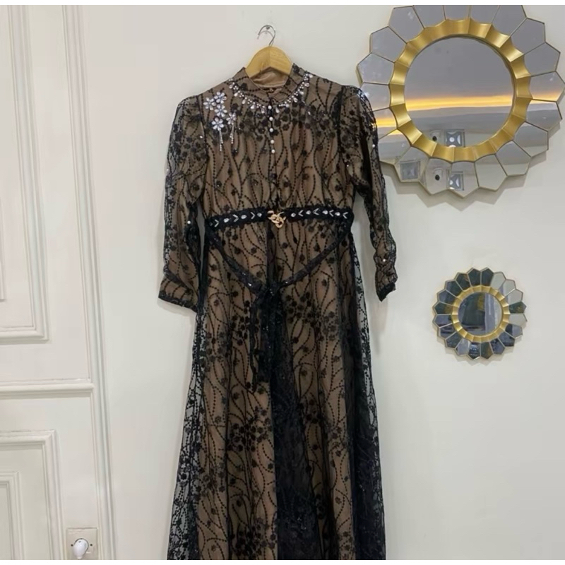 Melliza gamis By farly fashion satin mix tille bordir wanita hijab muslim pesta