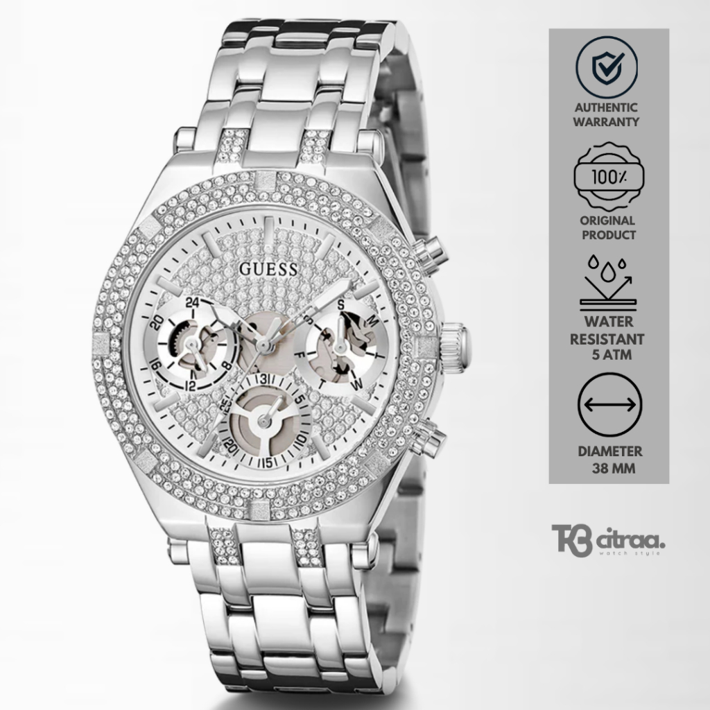 Jam Tangan Wanita Guess Heiress Chronograph Ladies Silver Dial Stainless Steel Strap Mewah Original 