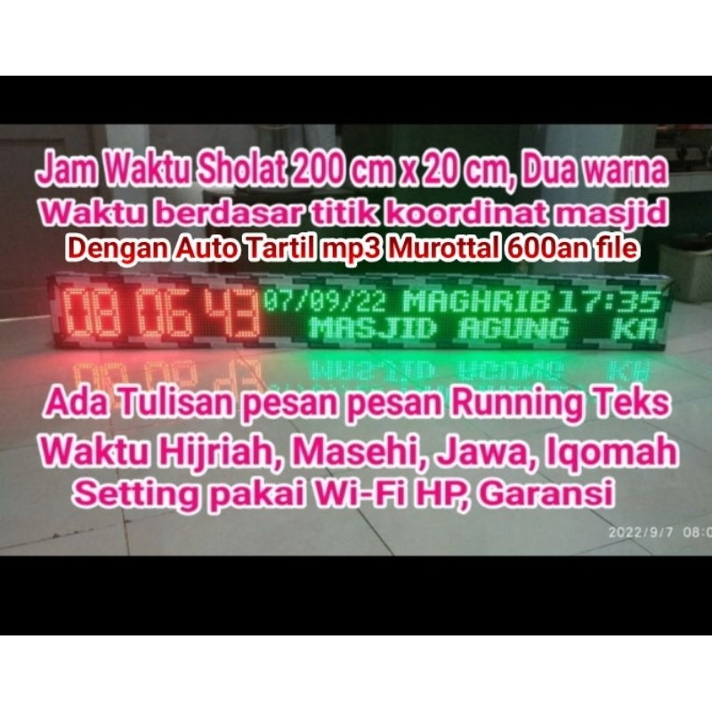 jam sholat masjid 200x20 cm, Auto tartil mp3 murottal, tanggal Hijriah, Masehi Jawa, setting pakai H