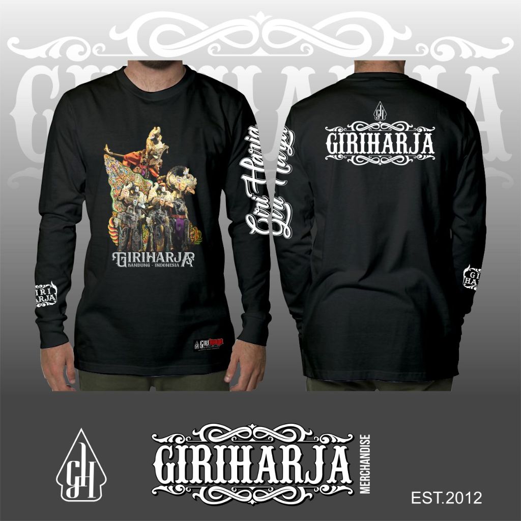 Kaos wayang golek Bima, Gatotkaca, Anterja, Jakatawang warna hitam dan putih tangan panjang