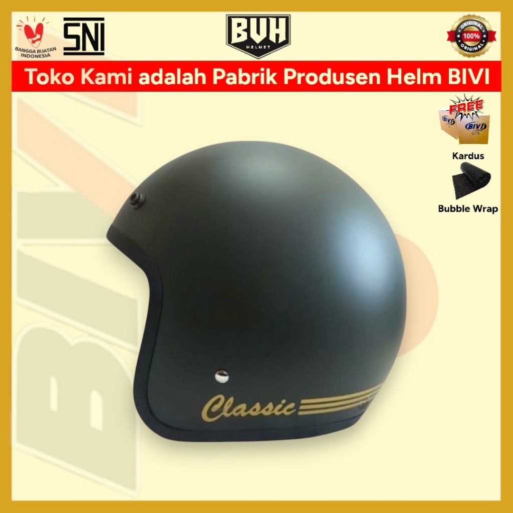 Helm BIVI Bogo Classic Army Doff + Kaca SNI Retro Half Face Hijab Bivi Helmet Retro
