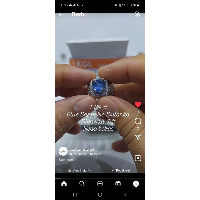 Blue Saphire Srilanka 1.89 ct KGL Memo Ring Perak