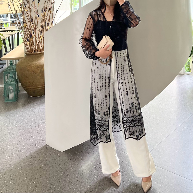 NEWARRIVAL Yasmin Outer Tunik Brukat Dress Putih Lebaran Hijab Dress Tulle Outer Tile Dress Brokat H