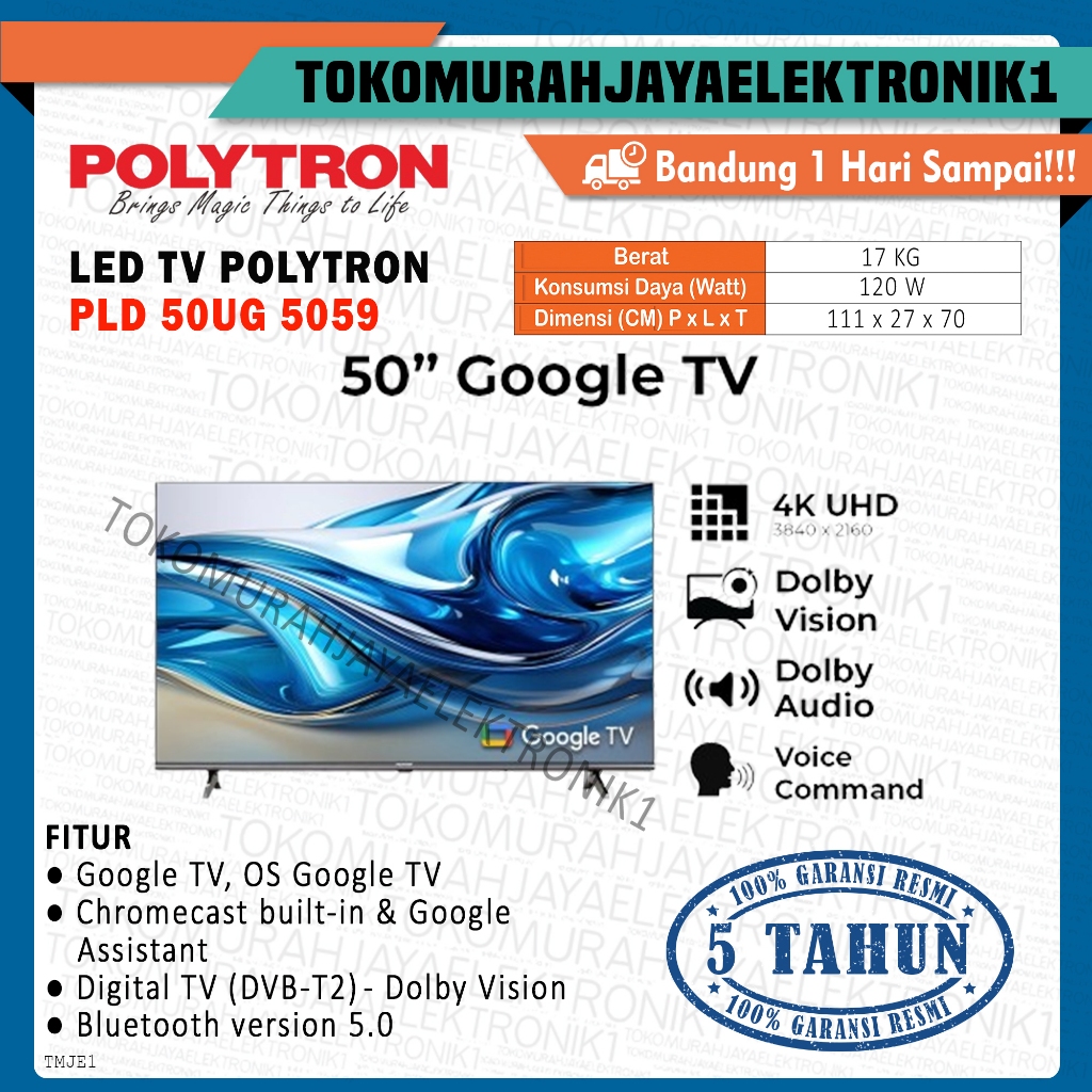 LED TV POLYTRON 4K UHD Smart Google TV 50 Inch PLD 50UG5059 Garansi Resmi