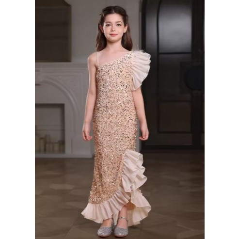 GAUN MERMAID  DENGAN  MODEL RUMBAI  CANTIK BERKILAU  ROSE GOLD  GAUN ANAK MEWAH SIMPLE KILAU