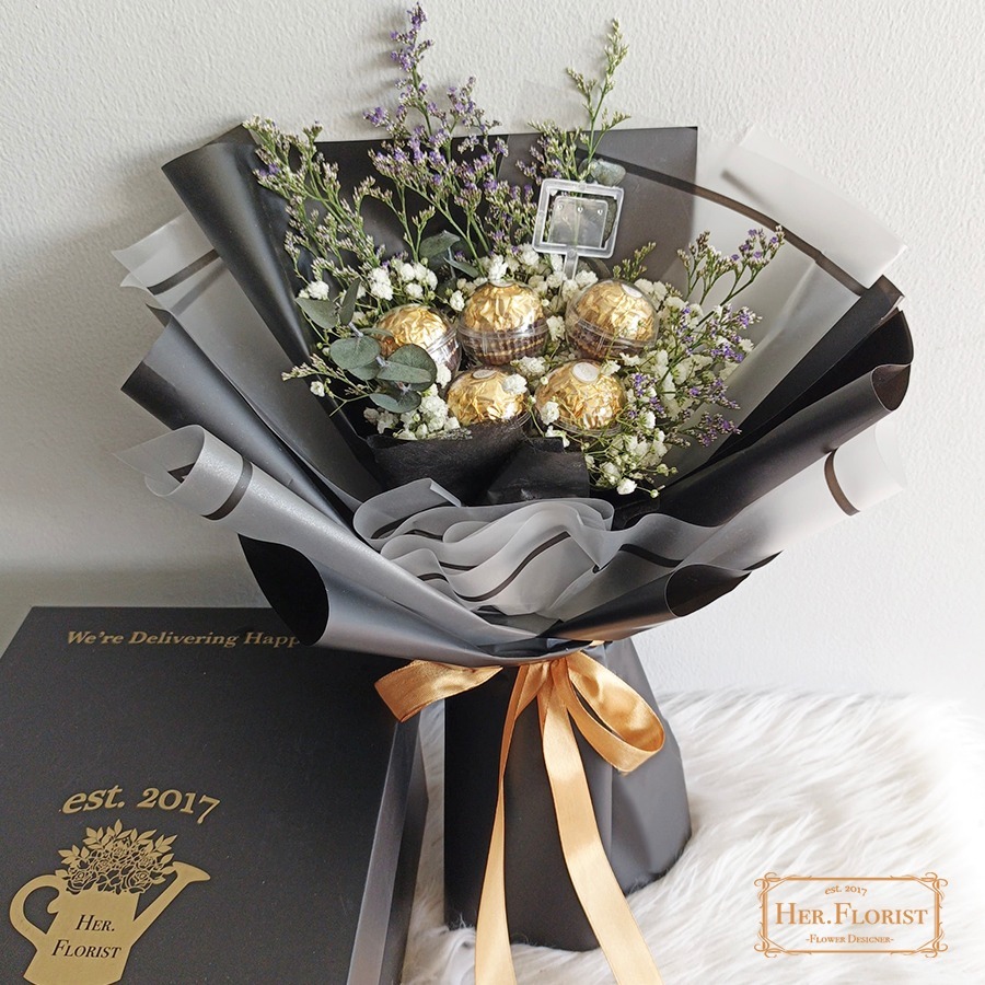 HAIKARL HER.FLORIST 5PCS Ferrero Rocher Buket/ Buket Bunga Baby Breath dan Cokelat Ferrero Rocher