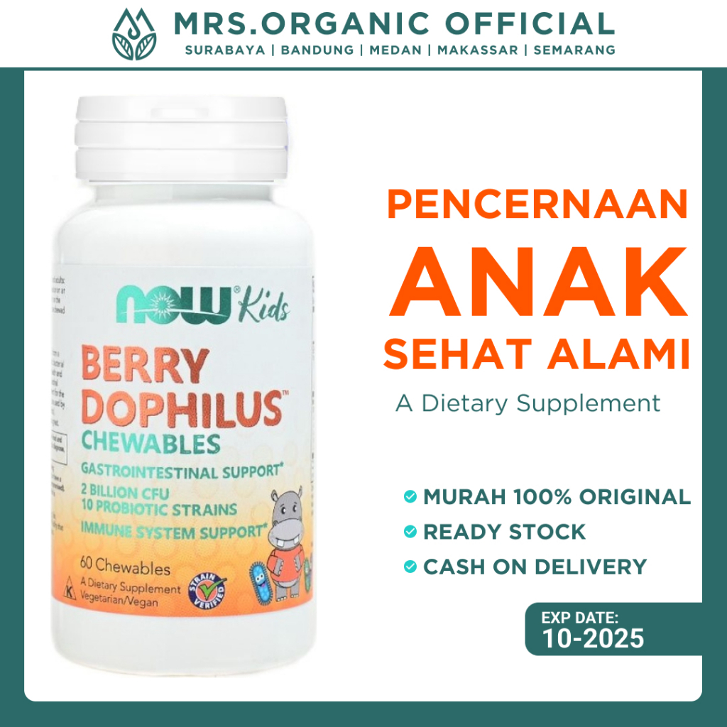 NOW Vitamin Probiotik Anak Berrydophilus 2 Billion CFU 10 Strain Isi 60 Chewables - Atasi Sembelit