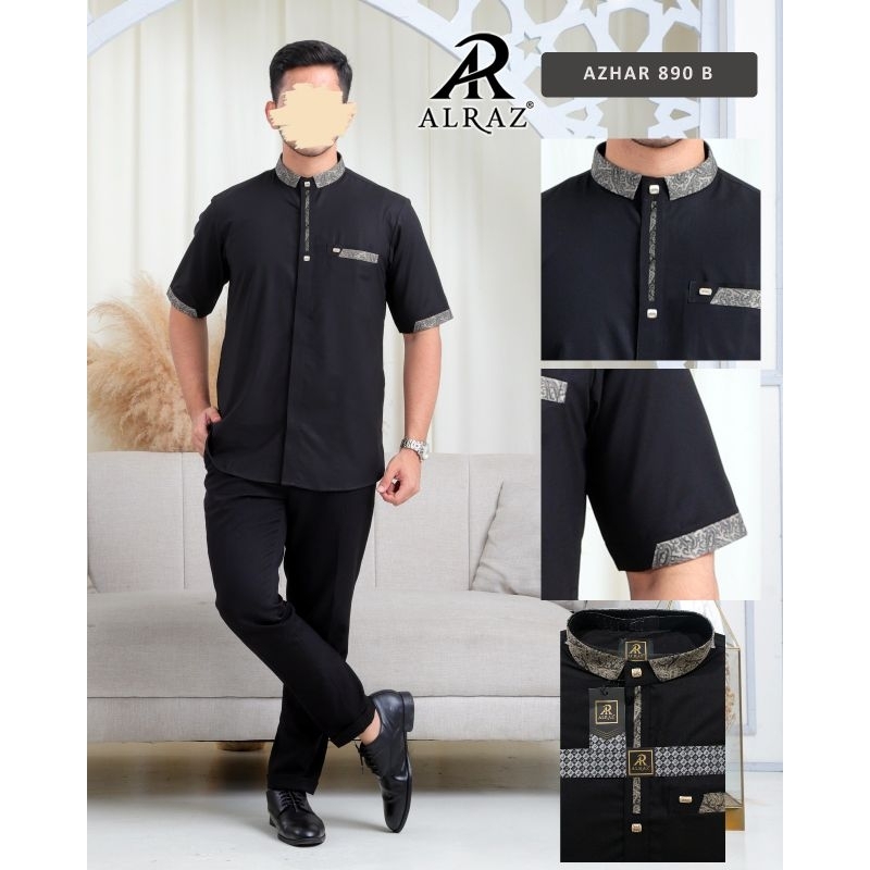Koko Alraz Model Azhar 890B Hitam Lengan Pendek untuk Pria Muslim Dewasa - Motif, Kerah