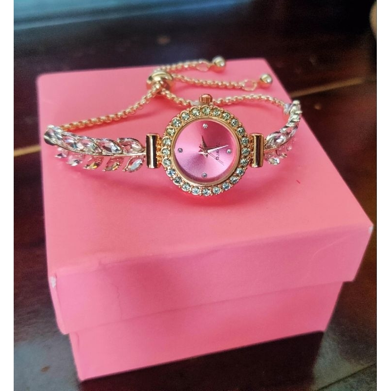 Jam Tangan Wanita Cantik Jam Tangan Gelang Kristal Pink Gelang Serut