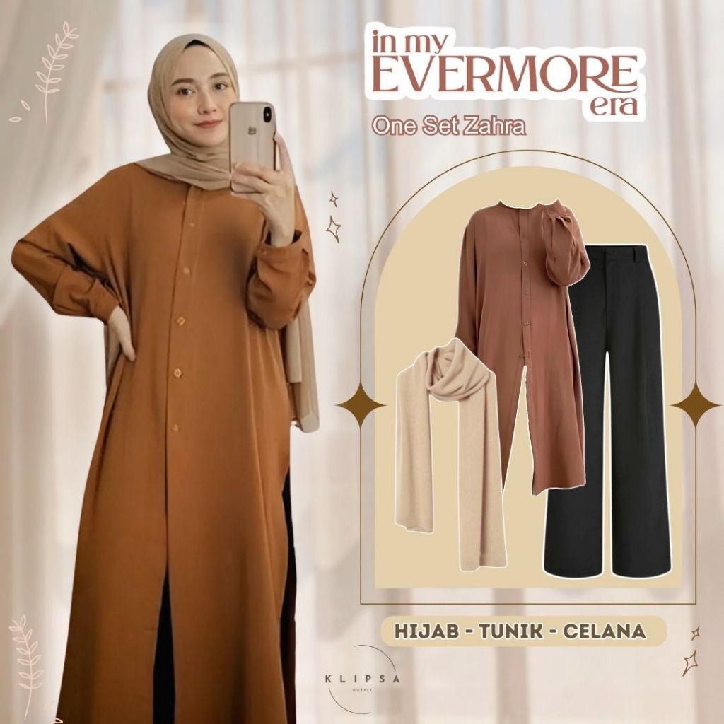 One Set Zahra (Baju Tunik, Celana Kulot, Pashmina Ceruty) Outfit Lebaran Hijab OOTD Cewek Remaja