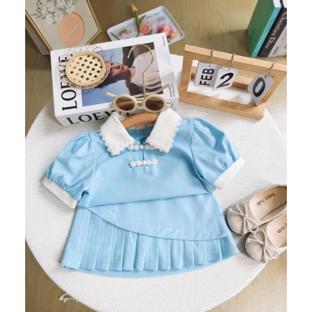 BLUE MUTIARA Setelan Anak Perempuan Import Lengan Balon Rok Renda Remple Samping Pinggang Karet kera