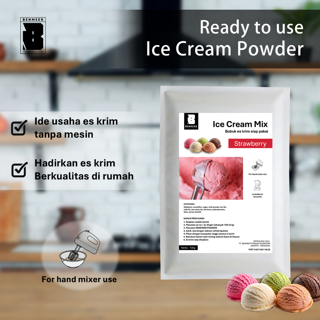 

BENMEER Bubuk Ice Cream Manual Proses 100gr Strawberry