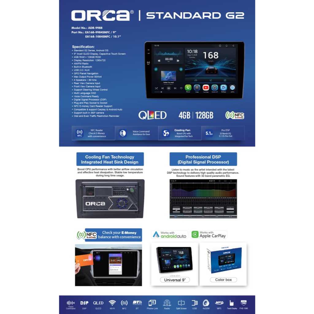 Headunit Android Orca Standart ADR-9988 4/128 NFC Gen 2 Qled