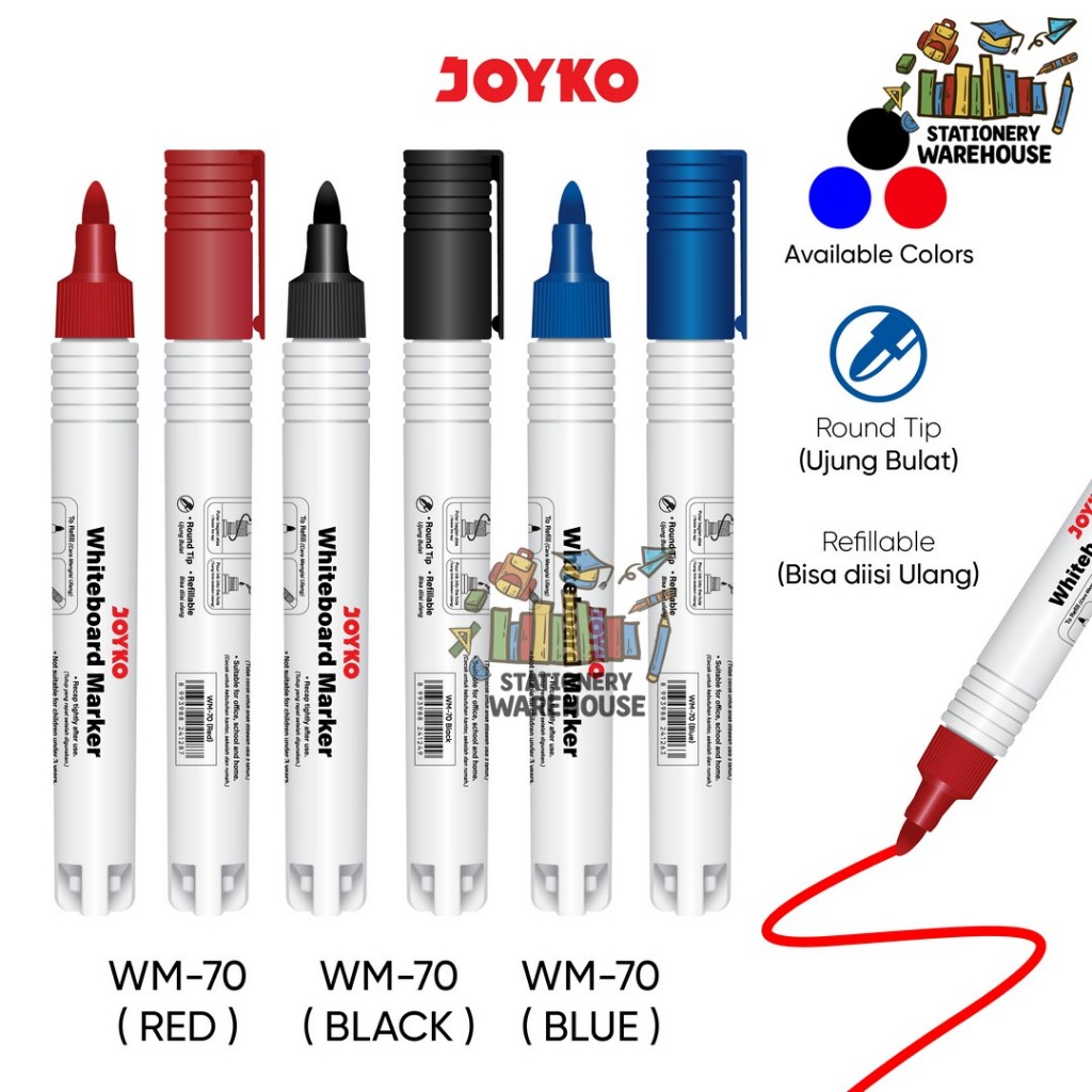 

Whiteboard Marker Spidol Papan Tulis Dapat Dihapus Joyko WM-70 Black Blue Red