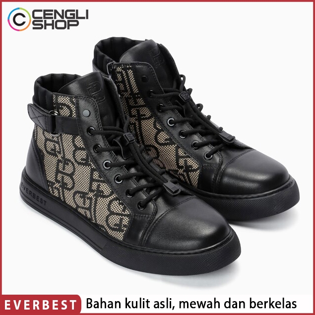 SEPATU EVERBEST SNEAKER BOOT PRIA ORIGINAL SNEAKERS BOOTS KULIT ASLI ORI HITAM BLACK EM01