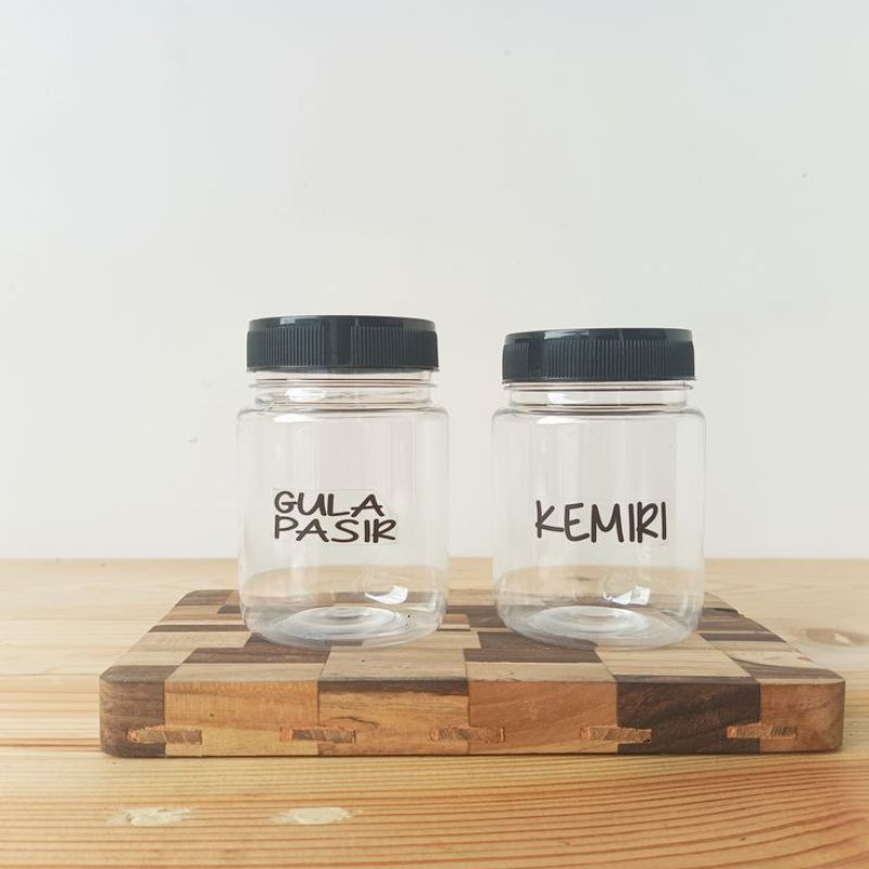 Toples Bumbu Dapur Bulat 200ml  Label Transfaran Tutup Hitam Aesthetic