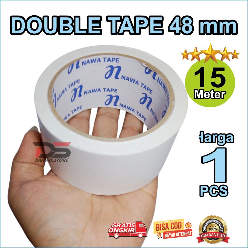 

double tape lebar 48mm panjang 15 meter real, super lengket harga untuk 1 pcs,DOUBLE TAPE KERTAS