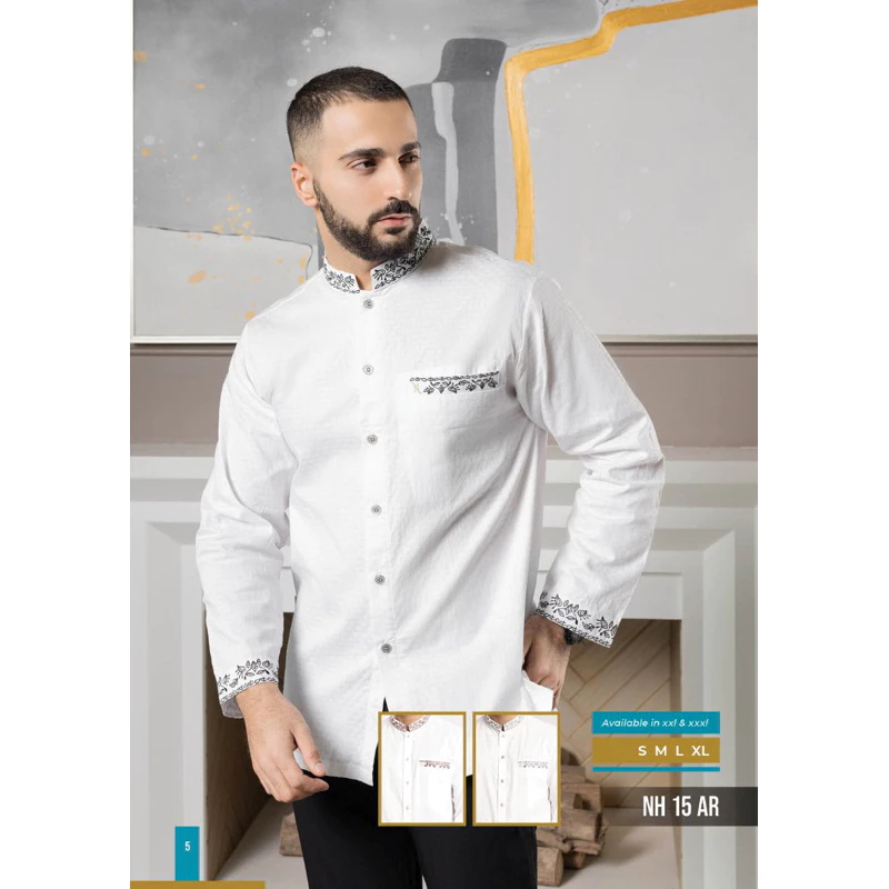 Baju koko Putih Bordir Premium Lengan Panjang - NH 15 AR Nizar Bordir