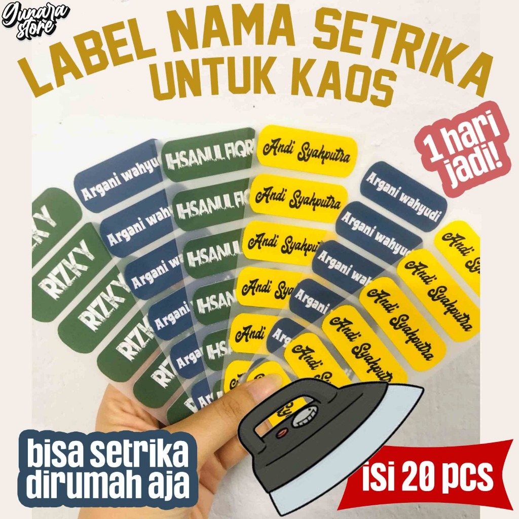 

Gunara Stiker Kain Label Nama Baju Kaos celana Sablon Setrika Custom Tulisan nama sablon 5x2cm (1pack=20pc)