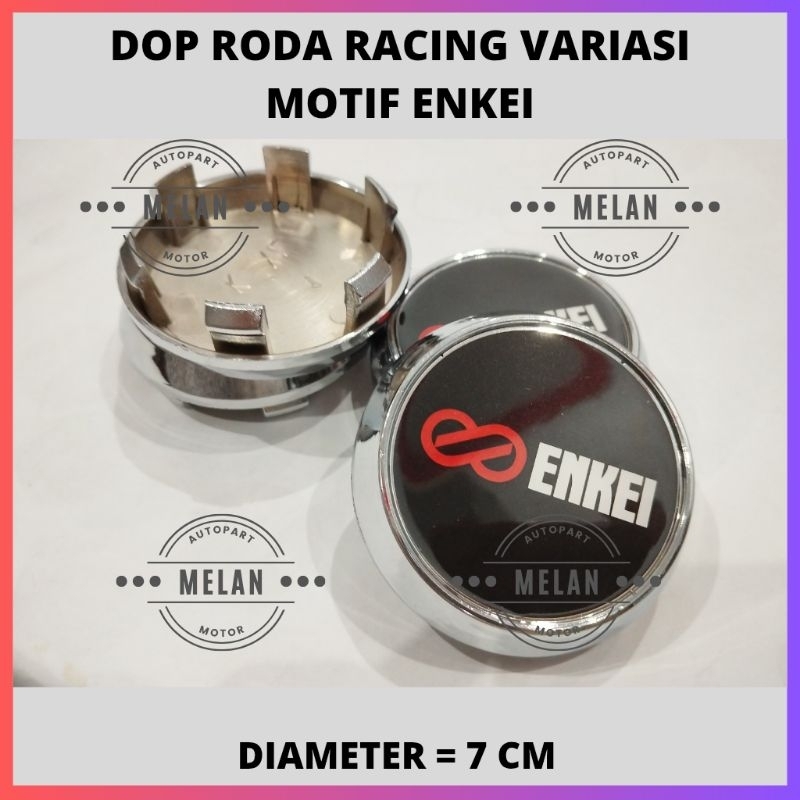 Dop roda tutup velg racing Chrome motif logo enkei merah ukuran diameter 7 cm