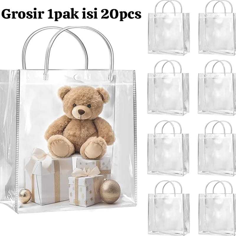 

Grosir 20pcs Tas Mika Transparan Tapak Bawah Ukuran 26x30x15 Tote Bag PVC Bening Goodie Bag Lebaran Ulang Tahun Souvenir Hampers
