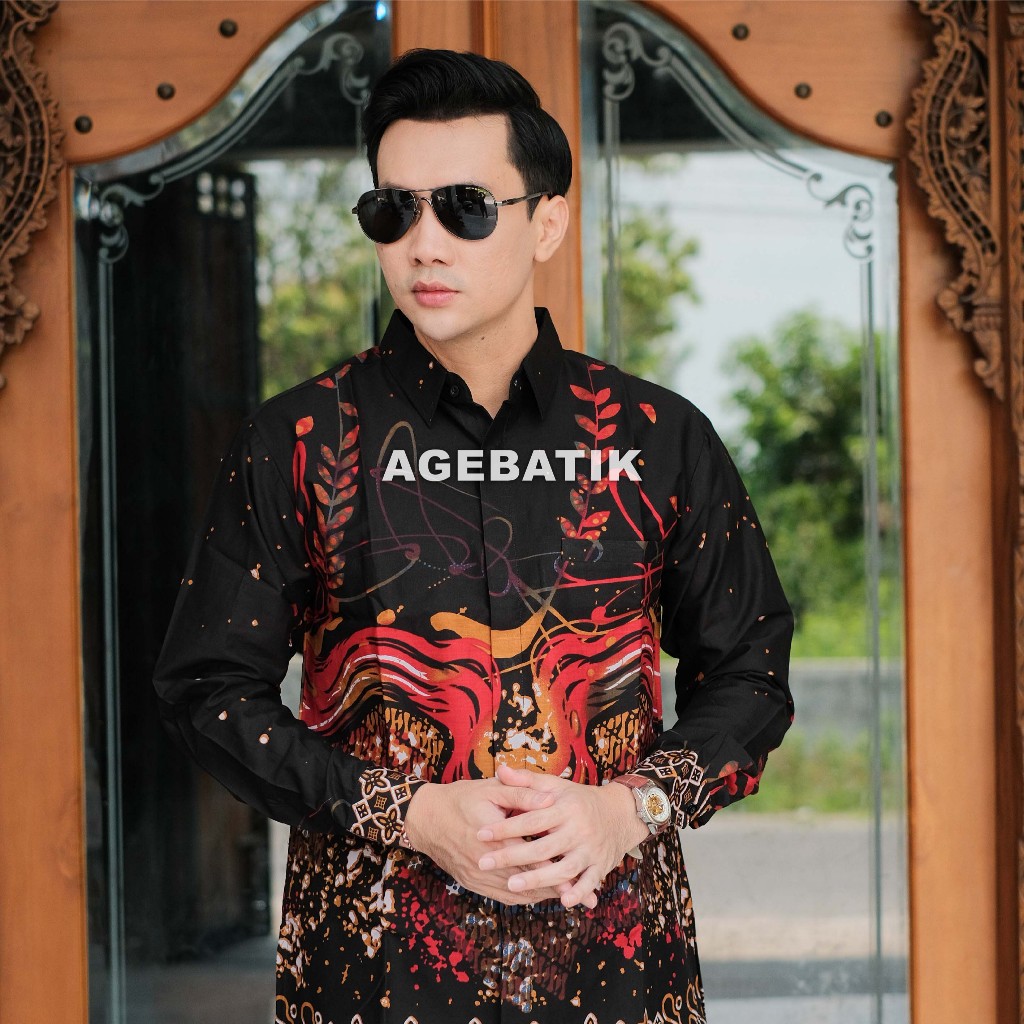 AGEBATIK AGE0119 - Kemeja Batik Pria - Lengan Panjang Pendek - Slim Fit - Motif Linier Merah Hitam -