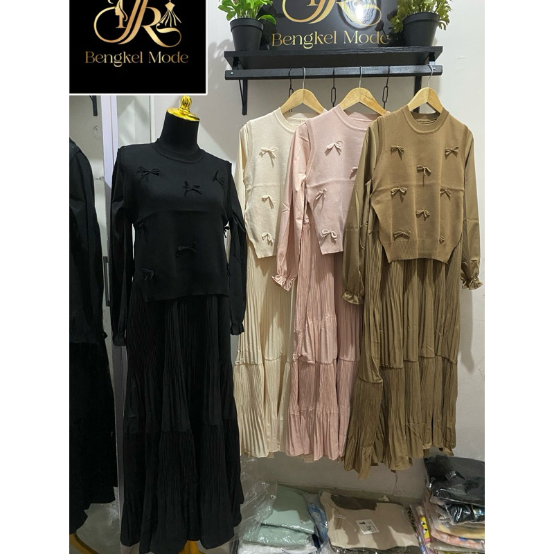 Gamis plisket kombinasi rajut aksesoris pita dijahit premium import Bangkok