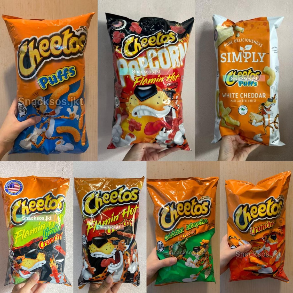 

Cheetos Frito Lays Crunchy Cheese / POPCORN Flamin Hot / Cheddar Jalapeno / Cheetos Puffs Original / Cheetos Puff White Cheddar- USA