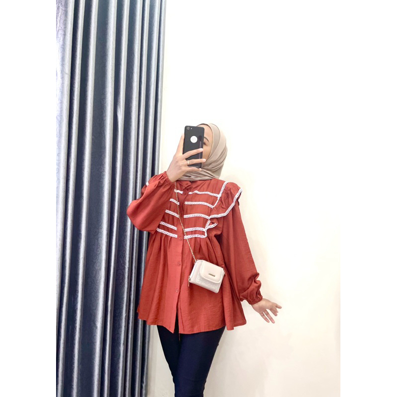 Hanum Blouse polilinen atasan wanita rempel kemeja kancing linen baju dewasa atasan rempel casual