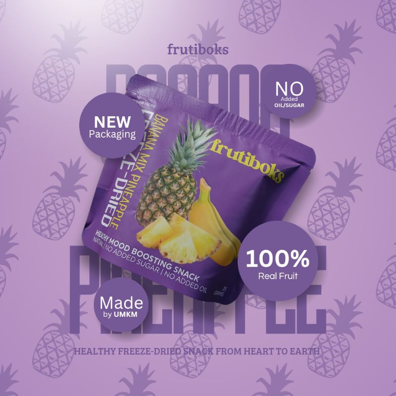 

FRUTIBOKS FREEZE-DRIED BANANA MIX PINEAPPLE SNACK Cemilan keripik buah kering pisang dan nanas
