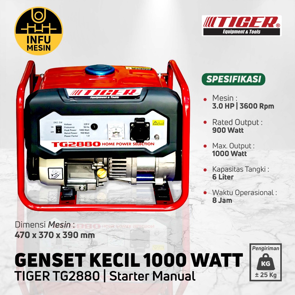 Genset 1000 Watt Kecil Bensin Tiger TG2880