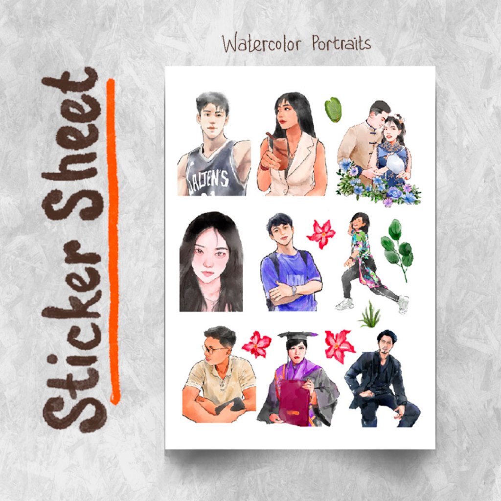 

Sticker Sheet - Watercolor Portrait untuk Journal/Scrapbook/Diary gaya dekoratif washi tape