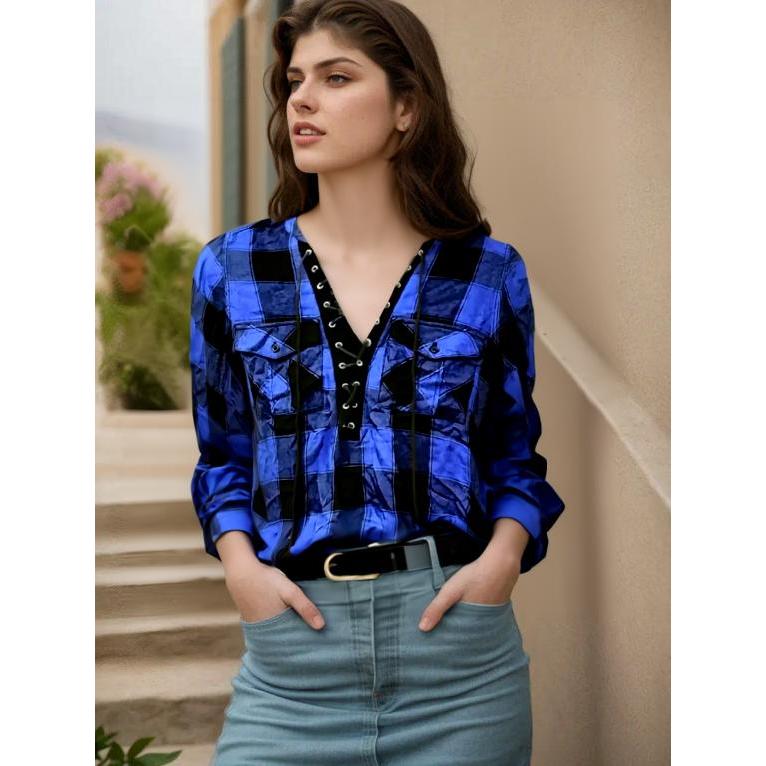 Kemeja Atasan wanita top branded spesial lebaran puasa kekinian EXPRESS KEMEJA KOTAK-KOTAK BIRU (GB-