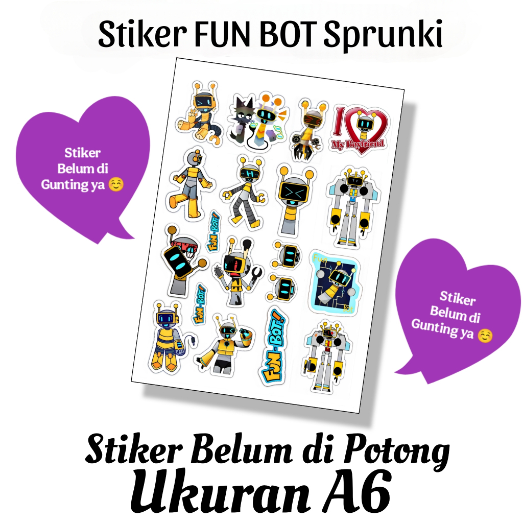 

STIKER FUN BOT SPRUNKI / STIKER BELUM DIPOTONG BAHAN VINYL UKURAN A6 / STICKER / STIKER KARAKTER LUCU