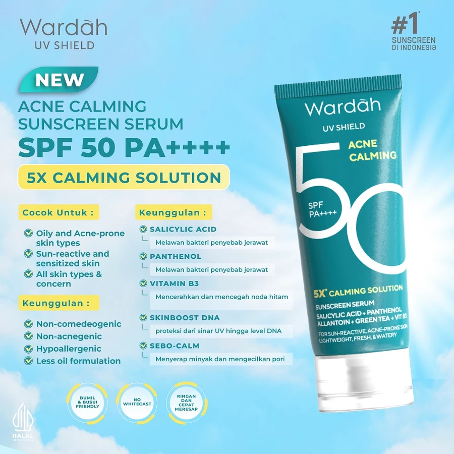 Wardah UV Shield Acne Calming Sunscreen Moisturizer SPF 35 PA+++ || Untuk komedo, Jerawat dan bekas 
