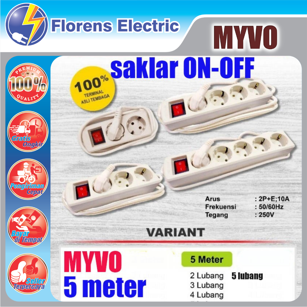 MYVO 5m Stop Kontak Kabel saklar 2 3 4 5 Lubang 5 Meter SNI switch on off