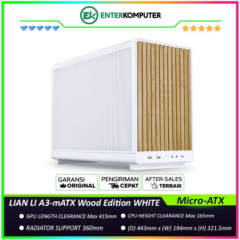 LIAN LI A3-mATX Wood Edition WHITE - Steel Mesh Panels White with Beech Wood - Stylish Micro-ATX Des