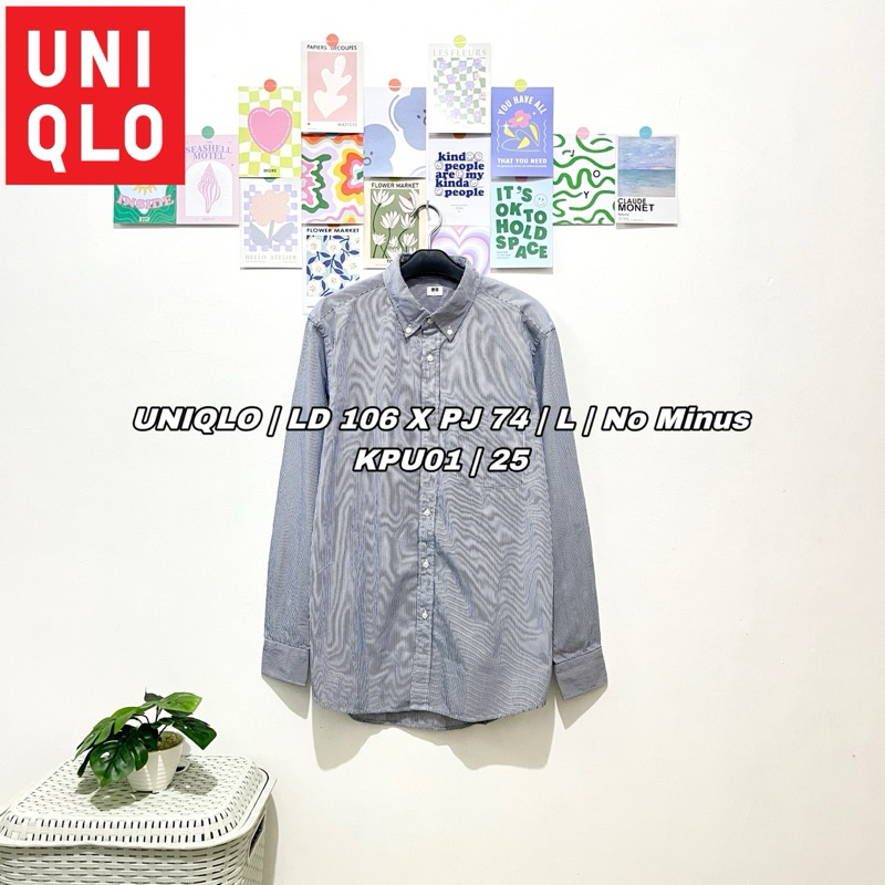 Kemeja Lengan Panjang Uniqlo Stripe Katun Pria Unisex L No Minus Like New