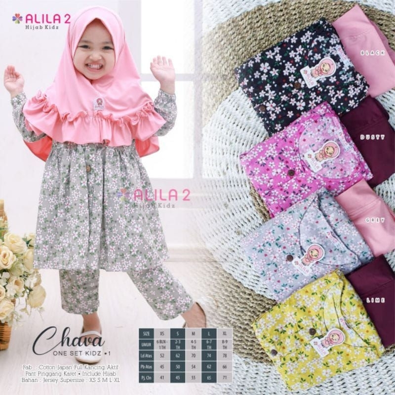 Chava one set kids by Alila hijab||baju muslim anak umur 6bulan-1 tahun