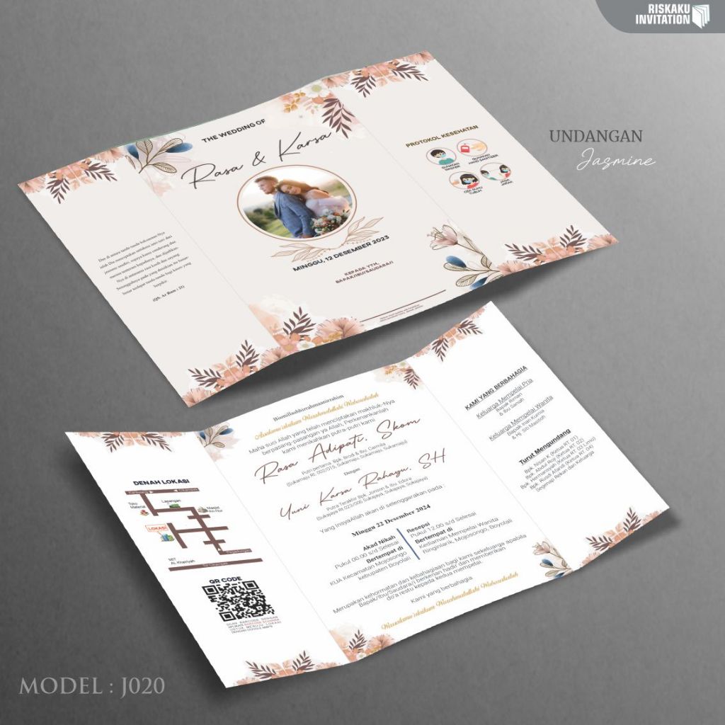 Undangan Pernikahan Rustic, Vintage, Jasmine Glitter Lipat 3