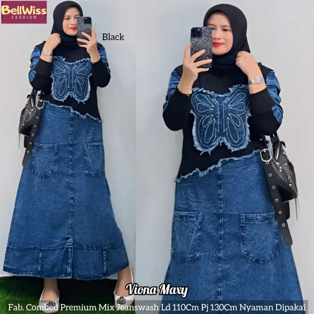 Viona Maxy By Bellwiss / Dress Jeanswash LD 110cm / Gamis nyaman dipakai LD 110cm / Gamis Kupu - Kup