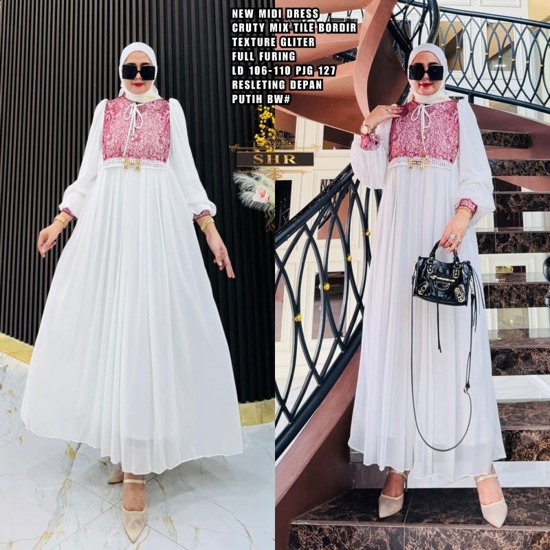 midi dress husus putih mewah edisi lebaran  ori SHR